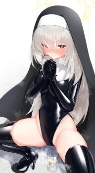 blue_archive blush bodysuit breasts cup female_pervert full-face_blush gloves high_heels highres holy_water latex latex_bodysuit legs_apart leotard long_hair maguro27 medium_breasts nun pervert praying pussy_juice revealing_clothes sakurako_(blue_archive) sakurako_(justina_uniform)_(blue_archive) bad_tag skin_tight spread_legs steam sweat thick_thighs thighhighs thighs tiptoes white_hair wimple zettai_ryouiki