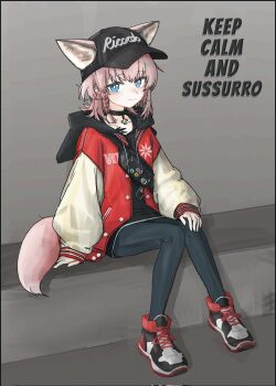 1girl animal_ears ankle_boots arknights black_choker black_hat black_leggings blue_eyes boots braid bright_pupils buttons character_name choker clothes_writing commentary commentary_request cross ears_through_headwear english_commentary english_text full_body greek_cross hand_on_own_knee hat highres hood hood_down hooded_jacket jacket keep_calm_and_carry_on knees_together_feet_apart korean_commentary leggings looking_at_viewer material_growth mixed-language_commentary official_alternate_costume open_clothes open_jacket oripathy_lesion_(arknights) pantyhose peaked_cap pink_hair pink_tail raglan_sleeves red_jacket short_hair sitting sleeves_past_wrists solo sussurro_(arknights) sussurro_(travel_freely)_(arknights) sussurrobestmom tail unbuttoned white_pupils white_sleeves