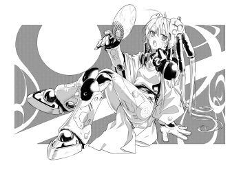 1girl ahoge android commentary_request full_body greyscale hand_fan long_hair looking_at_viewer monochrome okuribi open_mouth original pelvic_curtain robe science_fiction solo