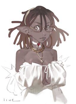 1girl black_hair breasts chain chain_necklace choker cleavage cleavage_cutout clothing_cutout colored_skin commentary cross cross_necklace dark-skinned_female dark_skin dreadlocks dress earrings english_commentary gem glasses glint gold_chain gold_earrings gold_necklace grey_eyes grey_skin hairband highres hoop_earrings jewelry large_breasts large_earrings large_ears linesharkart long_pointy_ears long_sleeves lucy_(lineshark) medium_hair mole mole_under_eye necklace off-shoulder_dress off_shoulder original pointy_ears puffy_long_sleeves puffy_sleeves red_gemstone semi-rimless_eyewear solo thick_lips under-rim_eyewear upper_body vampire very_dark_skin white_choker white_dress white_hairband yellow-framed_eyewear