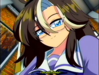 1990s_(style) 1boy 1girl android animal_ears blue_bodysuit blue_eyes blue_helmet blush bodysuit bow bowtie brown_hair dream_journey_(umamusume) embarrassed faux_retro_artstyle from_below glasses hair_between_eyes helmet highres horse_ears horse_girl horseshoe_ornament long_hair looking_at_another looking_at_viewer lueduar mega_man_(character) mega_man_(classic) mega_man_(series) multicolored_hair puffy_sleeves purple_bow purple_bowtie purple_sailor_collar purple_serafuku purple_shirt retro_artstyle robot robot_ears sailor_collar sailor_shirt school_uniform serafuku shirt skirt smile tracen_school_uniform two-tone_hair umamusume vhs_artifacts white_hair white_skirt