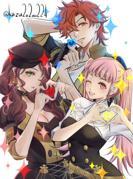 1boy 2girls arm_up black_choker black_jacket blunt_bangs breasts brown_hair choker cleavage collared_jacket collared_shirt commentary_request dorothea_arnault dress_shirt earrings finger_heart fire_emblem fire_emblem:_three_houses four-finger_heart_hands garreg_mach_monastery_uniform gold_trim green_eyes hat heart heart_hands highres hilda_valentine_goneril jacket jewelry kazu20200224 lapels large_breasts long_hair looking_at_viewer medium_breasts multiple_girls nintendo one_eye_closed open_collar pink_eyes pink_hair red_hair shirt simple_background smile sparkle sylvain_jose_gautier tassel twintails twitter_username upper_body weapon white_background