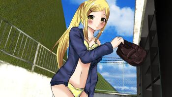 1girl 3d_background artist_request bikini blonde_hair blue_jacket blush brown_shoes getabako hair_ornament hairclip holding holding_shoes holding_unworn_clothes jacket long_hair metal_fence midori_lin_(schoolgirl_supervisor_wildlife) ponytail school schoolgirl_supervisor_wildlife shoes sky solo solo_focus swimsuit unworn_shoes yellow_eyes
