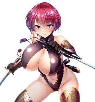 00s 1girl breasts cleavage curvy female_focus fighting_stance highleg highleg_leotard holding holding_weapon large_breasts leotard pink_hair revealing_clothes shiny_skin short_hair smile taimanin_(series) taimanin_asagi_kessen_arena thong_leotard tomohiro_kai transparent_background tsunemori_renge weapon wide_hips