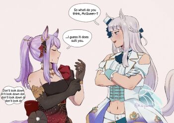 2girls :d animal_ears ascot asymmetrical_gloves bare_shoulders black_dress black_gloves blue_ascot blue_ribbon blunt_bangs braid closed_eyes clothing_cutout commentary cosplay costume_switch crossed_arms dress elbow_gloves english_commentary english_text gloves gold_ship_(la_mode_564)_(umamusume) gold_ship_(umamusume) gold_ship_(umamusume)_(cosplay) grey_background grey_hair groin hair_ribbon half_up_half_down_braid hat hat_ribbon horse_ears horse_girl horse_tail jewelry kaiyamon long_hair mejiro_mcqueen_(end_of_the_skies)_(umamusume) mejiro_mcqueen_(umamusume) mejiro_mcqueen_(umamusume)_(cosplay) midriff mini_hat multiple_girls navel necklace official_alternate_costume open_mouth ponytail purple_eyes purple_hair red_dress ribbon shirt short_sleeves shorts shoulder_cutout simple_background smile speech_bubble strapless strapless_dress tail thought_bubble top_hat twitter_username two-tone_dress umamusume uneven_gloves upper_body white_gloves white_hat white_shirt white_shorts