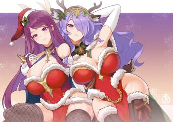 2girls animal_ears antlers breasts camilla_(fire_emblem) camilla_(flurry_embrace)_(fire_emblem) christmas cleavage commentary deer_ears elbow_gloves english_commentary fake_animal_ears fake_antlers fire_emblem fire_emblem_engage fire_emblem_fates fire_emblem_heroes fishnet_thighhighs fishnets gloves hair_over_one_eye hat highres horns ivy_(fire_emblem) ivy_(flurry_embrace)_(fire_emblem) large_breasts mole mole_under_mouth multiple_girls nintendo official_alternate_costume one_eye_covered purple_eyes purple_hair red_hat reindeer_antlers revolverwing santa_hat smile thighhighs white_gloves