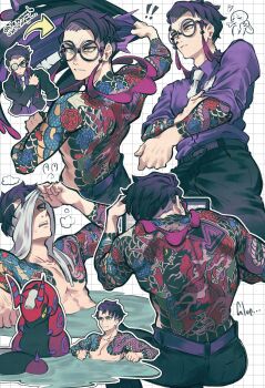 ! !! absurdres andrich_galam anger_vein antennae arbok arm_tattoo back_tattoo belt black_pants black_suit blue_flower blue_rose bug chest_tattoo cobra_(animal) collared_shirt computer corbeau_(pokemon) dragon eyewear_strap fangs flower formal_clothes from_behind gen_1_pokemon gen_5_pokemon glasses gyarados highres irezumi laptop leaf necktie nintendo onsen pants pokemon pokemon_(creature) pokemon_legends:_z-a purple_belt purple_hair purple_shirt red_flower red_rose rose round_eyewear scales scolipede shirt short_hair sitting sleeves_rolled_up slit_pupils smile snake suit tattoo towel towel_on_head water white_background white_necktie yellow_eyes