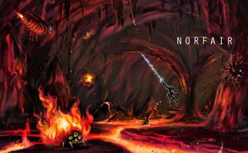 Rule 34 | absurdres, arm cannon, armor, assault visor, blue eyes, burning, cave, dragon (metroid), fire, full armor, geemer, green eyes, highres, lava, metroid, multiviola, nintendo, power armor, power suit (metroid), ripper ii (metroid), samus aran, sova (metroid), stalactite, stalagmite, super metroid, varia suit, weapon, yasukuni kazumasa