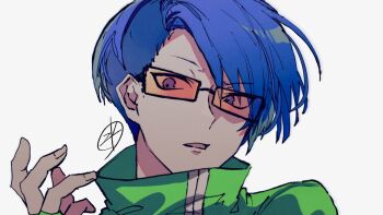 Rule 34 | 1boy, black-framed eyewear, blue hair, commentary request, glasses, green jacket, hair between eyes, hand up, high collar, jacket, looking at viewer, male focus, orange-tinted eyewear, parted lips, persona, persona 3, portrait, shirato jin, short hair, signature, simple background, solo, tinted eyewear, track jacket, upper body, zeka (skzk cm)