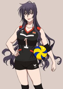 1girl ball beatrix_bremer black_hair black_shirt black_shorts breasts brown_background collarbone commentary_request contrapposto elbow_brace german_flag hair_between_eyes hand_on_own_hip harasyu1 highres holding knee_brace large_breasts long_hair looking_at_viewer muv-luv muv-luv_alternative red_eyes schwarzesmarken shirt short_shorts shorts sidelocks simple_background sleeveless sleeveless_shirt smile solo sportswear standing translation_request very_long_hair volleyball volleyball_uniform