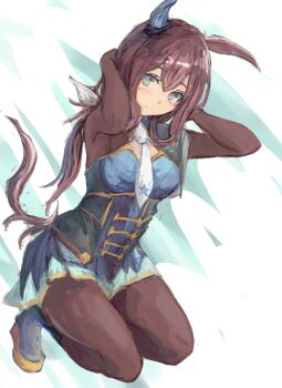 1girl admire_vega_(starry_nocturne)_(umamusume) admire_vega_(umamusume) animal_ears blue_dress blue_eyes bodice breasts brown_hair brown_pantyhose closed_mouth dress ear_covers hair_between_eyes horse_ears horse_girl horse_tail long_hair long_sleeves looking_at_viewer necktie pantyhose ponytail shoes single_ear_cover smile solo squatting tail umamusume white_necktie yanagi_wakana
