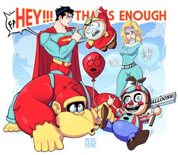 1girl 3boys anger_vein artist_name balloon balloon_boy_(fnaf) black_hair blonde_hair blue_bodysuit blue_eyes blue_overalls bodysuit brown_fur cape character_request crossover dc_comics donkey_kong donkey_kong_(series) donkey_kong_bananza english_text fantastic_four five_nights_at_freddy&#039;s five_nights_at_freddy&#039;s_2 furry furry_female gloves highres holding holding_balloon long_hair male_underwear marvel multiple_boys multiple_crossover nintendo overalls percodine puppet red_cape red_male_underwear red_shirt shirt short_hair south_park sue_storm superman superman_(series) underwear white_gloves