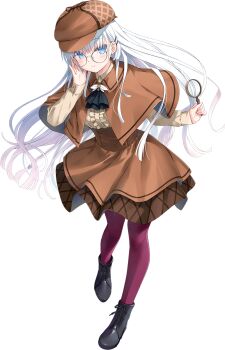 1girl alternate_costume ascot bespectacled black-framed_eyewear black_ascot black_boots blue_eyes blunt_ends blush boots brown_capelet brown_hat brown_skirt buttons capelet center_frills closed_mouth deerstalker detective double-breasted floating_hair frilled_shirt frills full_body glasses hair_behind_ear hair_between_eyes hair_ornament hairclip hands_up hat high-waist_skirt highres holding holding_magnifying_glass lace-up_boots long_hair looking_at_viewer magnifying_glass na-ga naruse_shiroha official_art pantyhose parallel_hairclips purple_pantyhose round_eyewear shirt sidelocks simple_background skirt sleeves_past_wrists smile solo split_mouth standing summer_pockets transparent_background very_long_hair white_hair yellow_shirt