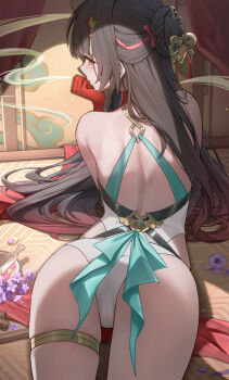 1girl ass back backless_outfit black_hair blush brown_hair colored_extremities colored_tips commentary from_behind gold_thighlet hair_spread_out highres honkai:_star_rail honkai_(series) jewelry lingsha_(honkai:_star_rail) long_hair looking_at_viewer lunacle lying multicolored_hair on_stomach paid_reward_available red_hair red_hands sideways_glance solo spotlight thighlet thighs