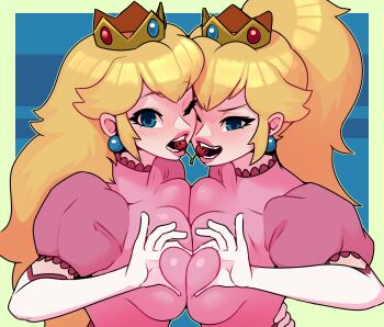 2girls blonde_hair blue_eyes breast_press breasts cheek-to-cheek clone crown dabble double_cherry dress elbow_gloves food_in_mouth gloves heads_together heart heart_hands heart_hands_duo highres large_breasts mario_(series) mini_crown multiple_girls nintendo pink_dress ponytail princess_peach puffy_short_sleeves puffy_sleeves short_sleeves smile super_mario_3d_world symmetrical_docking white_gloves