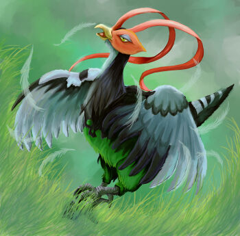 bird commentary_request feathers gen_5_pokemon grass highres karura_(to-the-4483) nintendo no_humans open_mouth outdoors pokemon pokemon_(creature) pokemon_focus solo standing standing_on_one_leg talons unfezant unfezant_(male) wings yellow_eyes