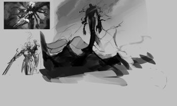 2others absurdres armor artist_self-reference breastplate character_request facing_viewer full_body greatsword greyscale highres holding holding_sword holding_weapon knight large_hands logicsterrr monochrome multiple_others reference_inset shadow_slave shoulder_armor smoke standing sword walking_towards_viewer weapon