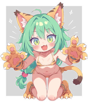 1girl ahoge animal_ears animal_hands animal_print bikini breasts cham_cham fang gloves green_eyes green_hair highres kolshica loli long_hair navel open_mouth paw_gloves paw_shoes samurai_spirits small_breasts solo swimsuit tail tiger_ears tiger_print tiger_tail