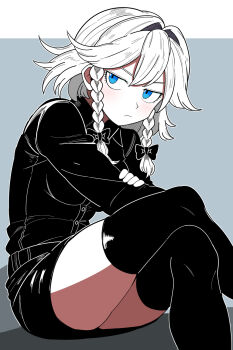 1girl alternate_costume blue_eyes bollzzalguy border bow braid braided_sidelocks commentary crossed_legs english_commentary greyscale hair_bow highres izayoi_sakuya looking_at_viewer miniskirt monochrome outside_border pencil_skirt shirt short_hair_with_long_locks sitting skirt solo spot_color thighhighs touhou v-shaped_eyebrows