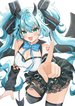 1girl absurdres aqua_bow aqua_eyes aqua_hair aqua_nails black_dress black_skirt bow breasts cleavage collarbone commentary_request demon_horns demon_tail dress hair_between_eyes hair_ornament hatsune_miku highres horns long_hair looking_at_viewer medium_breasts open_mouth plaid_clothes plaid_skirt simple_background skirt sleeveless sleeveless_dress smile solo tail twintails very_long_hair vocaloid white_background yoshino_(user_gkgj7784)