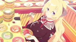 1girl akari_(blue_archive) animated blonde_hair blue_archive blue_eyes breasts bursting_breasts buttons chopsticks demon_girl demon_horns eating food from_above from_side gloves unworn_gloves gradient_eyes halo highres holding holding_plate horns large_breasts long_hair multicolored_eyes official_art plate purple_eyes red_ribbon ribbon school_uniform screencap smile solo sushi tagme very_long_hair video video