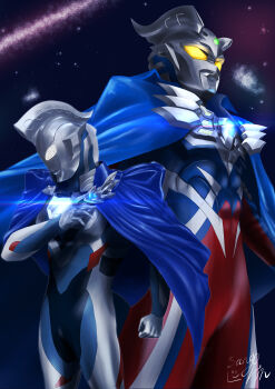 Rule 34 | 2boys, abs, absurdres, alien, armor, artist name, black skin, blue cape, blue skin, breastplate, brooch, cape, clenched hands, color timer, colored skin, commentary, compound eyes, cowboy shot, diffraction spikes, dorsal fin, eye slugger, forehead jewel, galaxy, gem, giant, giant male, glowing, glowing eyes, green gemstone, highres, jewelry, looking down, looking up, male focus, multiple boys, muscular, muscular male, no pupils, pectorals, red skin, shining gold montblanc, signature, silver skin, standing, teacher and student, tokusatsu, toned, toned male, ultra galaxy (series), ultra series, ultraman z, ultraman z (original), ultraman z (series), ultraman zero, white eyes, wrinkled skin, yellow eyes