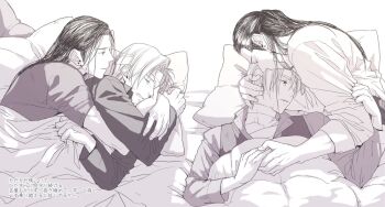 2boys bandaged_head bandaged_neck bandages bed bed_sheet bindi black_hair blonde_hair clenched_hands clenched_teeth collar earrings final_fantasy final_fantasy_vii final_fantasy_vii:_advent_children final_fantasy_vii_remake hand_on_another's_arm hand_on_another's_head holding_hands hug japanese_text jewelry kiss kissing_hair long_hair looking_at_another lying male_focus monochrome multiple_boys pillow rufus_shinra short_hair sweat sweatdrop teeth tseng turks_(ff7) wing_collar yaoi