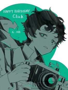 Rule 34 | 1boy, adversarial noise, amanatsu (amanatu5069), camera, click (reverse:1999), commentary request, dated, green background, green theme, happy birthday, highres, holding, holding camera, looking at viewer, male focus, parted lips, reverse:1999, shirt, short hair, two-tone background, upper body, watermark, white background