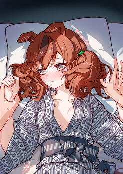 1girl 1other absurdres animal_ears averting_eyes black_bow black_sash blush bow breasts brown_eyes brown_hair closed_mouth collarbone commentary_request duplicate ear_blush ears_down grey_kimono highres holding_hands horse_ears horse_girl japanese_clothes kimono long_hair long_sleeves lying medium_breasts multicolored_hair nice_nature_(umamusume) obi on_back on_bed open_mouth pillow pixel-perfect_duplicate pov sash signature streaked_hair synzmayu twitter_username two_side_up umamusume upper_body