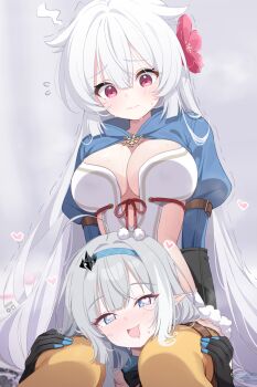 2girls ahoge black_gloves blue_eyes blue_hairband breasts carrying cleavage closed_mouth commentary_request deyui drooling female_tyrant_(stella_sora) fuyuka_(stella_sora) gloves grey_hair hairband heart heart-shaped_pupils highres large_breasts long_hair long_sleeves looking_at_viewer multiple_girls open_mouth pantyhose pink_eyes pointy_ears shoulder_carry sitting smile stella_sora symbol-shaped_pupils tyrant_(stella_sora) very_long_hair white_hair yellow_pantyhose