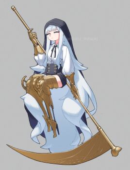 1girl black_ribbon black_shorts black_veil closed_eyes closed_mouth collared_shirt full_body gauntlets grey_background high-waist_shorts highres holding holding_scythe invisible_chair kanbaru_mitsuki long_hair long_sleeves mechanical_legs neck_ribbon ribbon scythe shirt shorts simple_background sitting smile solo utau veil very_long_hair white_hair white_shirt yoine_muri