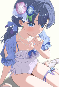 blue_eyes blue_hair blue_nails blush bow bow_legwear bowtie commentary_request flower hair_bow hair_flower hair_ornament hand_on_own_chin highres jewelry link!_like!_love_live! long_hair looking_at_viewer love_live! masaki_(masakinariya) murano_sayaka nail_polish necklace one-piece_swimsuit pearl_necklace ponytail sitting swimsuit thigh_strap wariza white_background