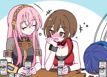 1boy 2girls alcohol asahi_breweries beer_can blue_hair brand_name_imitation breasts brooch brown_eyes brown_hair can cleavage closed_eyes commentary_request crop_top detached_collar detached_sleeves drink_can drunk elbow_rest head_on_table headphones highres jewelry kaito_(vocaloid) long_hair megurine_luka meiko_(vocaloid) multiple_girls mzil3399 pink_hair shirt short_hair single_detached_sleeve sleeveless sleeveless_shirt smile table vocaloid wrist_cuffs
