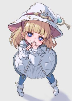 1girl blonde_hair blue_eyes blue_pantyhose boots commentary_request demimushi diabellze_the_original_sinkeeper dress duel_monster elzette_of_the_white_forest from_above full_body grey_background grin hat highres long_hair long_sleeves looking_at_viewer looking_up pantyhose puffy_long_sleeves puffy_sleeves ribbon-trimmed_boots shadow simple_background sleeves_past_wrists smile solo white_boots white_dress white_hat wings yu-gi-oh!