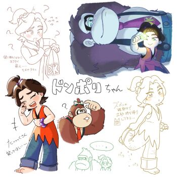 ... 1boy 1girl ? barefoot bow commentary_request donkey_kong donkey_kong_(series) donkey_kong_bananza freckles furry furry_male glowing hair_bow highres holding holding_rock laughing multiple_views necktie nintendo o_k_ra_ra one_eye_closed open_mouth pauline_(mario) pauline_(young)_(mario) red_necktie rock suspenders translation_request