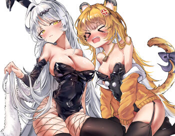 >_< 2girls absurdres ahoge animal_ears bare_shoulders black_leotard black_thighhighs blonde_hair blush bow breasts cleavage closed_mouth fake_animal_ears fang fishnet_pantyhose fishnets highres jacket ju_fufu konokomaramara large_breasts leotard long_hair looking_at_viewer medium_breasts multicolored_hair multiple_girls open_mouth pantyhose rabbit_ears strapless strapless_leotard tail tail_bow tail_ornament teeth thighhighs tiger_ears tiger_girl tiger_stripes tiger_tail two-tone_hair upper_teeth_only very_long_hair white_hair yellow_eyes yellow_jacket yixuan_(zenless_zone_zero) zenless_zone_zero