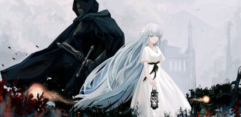 Rule 34 | 1boy, 1girl, absurdres, amamizu shizuku, armor, black cloak, black sash, breastplate, building, cloak, commentary request, dress, ender lilies quietus of the knights, flower, fog, gauntlets, grey eyes, grey hair, helm, helmet, highres, holding, holding lantern, hood, hooded cloak, jewelry, knight, lantern, light particles, lily (ender lilies), long hair, outdoors, pendant, sash, scabbard, sheath, sheathed, short sleeves, simple bird, sword, umbral knight (ender lilies), very long hair, weapon, white dress, wind