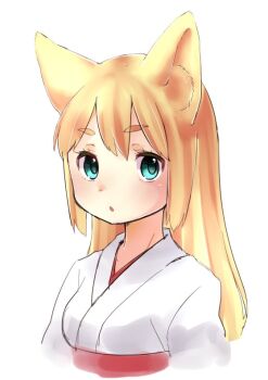 Rule 34 | 1girl, :o, animal ears, blonde hair, blush, female focus, fox ears, green eyes, japanese clothes, kai himo, light blush, long hair, miko, original, parted lips, simple background, solo, upper body, white background