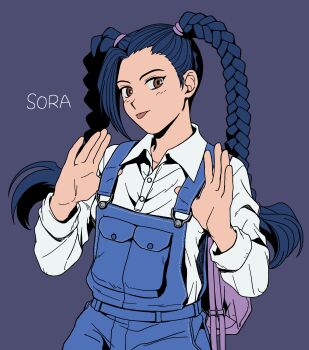 1girl backpack bag blue_hair blue_overalls braid brown_eyes campus_love_story chae_sora character_name collared_shirt grey_background gyoi_0_0 highres long_hair long_sleeves overalls purple_bag shirt simple_background solo tongue tongue_out twin_braids upper_body white_shirt