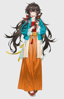 1girl bad_source beizi_(clothing) black_hair bow chinese_clothes chinese_text flute full_body hair_ornament hand_fan hanfu highres holding holding_instrument instrument jade_(gemstone) junyang long_hair long_sleeves looking_at_viewer low_twintails original simple_background smile solo standing tachi-e tassel twintails white_background yellow_eyes
