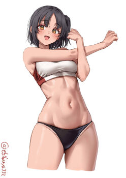 1girl artist_name bikini black_bikini blush breasts commentary_request cropped_legs cross-body_stretch ebifurya gluteal_fold highres kantai_collection looking_at_viewer medium_breasts medium_hair nagara_(kancolle) navel one-hour_drawing_challenge one_side_up open_mouth orange_eyes parted_bangs sidelocks simple_background smile solo sports_bra swimsuit thighs twitter_username white_background white_sports_bra