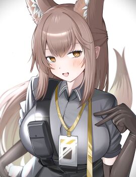 1girl :d absurdres animal_ear_fluff animal_ears arknights black_skirt blush breasts brown_eyes brown_gloves brown_hair collared_shirt commentary_request dress_shirt elbow_gloves franka_(arknights) gloves gradient_background grey_background grey_shirt hand_up highres large_breasts long_hair looking_at_viewer open_mouth shirt short_sleeves skirt smile solo spam_(spamham4506) tail upper_body very_long_hair white_background