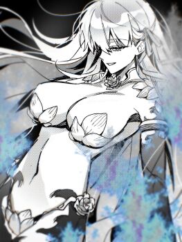 1girl armor bikini_armor blue_fire breasts fate/grand_order fate_(series) fire highres kama_(adult)_(fate) kama_(assassin)_(third_ascension)_(fate) kama_(fate) kama_(third_ascension)_(fate) large_breasts long_hair looking_at_viewer monochrome_background pyuli_paint solo