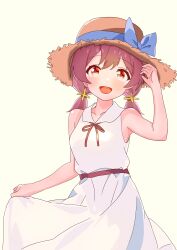 Rule 34 | 1girl, :d, absurdres, alternate costume, bare arms, bare shoulders, blue bow, bow, breasts, commentary, dot nose, dress, hair bow, hand up, hat, highres, light blush, looking at viewer, low twintails, medium breasts, medium hair, murosaki miyo, onii-chan wa oshimai!, open mouth, pa panahana, red eyes, red hair, simple background, skirt hold, sleeveless, sleeveless dress, smile, solo, straw hat, twintails, white dress, yellow background