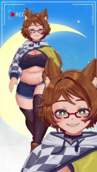 1girl 2024 3d ahoge animal_ear_fluff animal_ears animated arms_at_sides blue_background blush boots bouncing_breasts breasts brown_hair brown_tail choker cleavage commentary dog_girl drawstring english_commentary female_focus full_body glasses green_eyes green_nails head_tilt highres hood hood_down hoodie indie_virtual_youtuber jiggle large_breasts long_sleeves looking_at_viewer medium_hair midriff mint_castella moon multiple_views mvjagaimo navel open_hands open_mouth plump pocket recording red-framed_eyewear semi-rimless_eyewear short_shorts shorts simple_background smile standing straight-on su_niii tail tareme thick_thighs thighhighs thighs video virtual_youtuber walking white_background zoom_layer