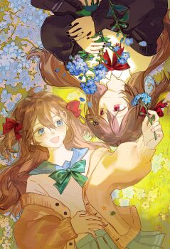 Rule 34 | 2girls, black cardigan, black nails, blue eyes, blue sailor collar, blue skirt, bow, bowtie, broken heart, broken heart hair ornament, brown hair, cardigan, cardigan partially removed, closed mouth, commentary, commission, english commentary, evil neuro-sama, flower, from above, grass, green bow, green bowtie, hair between eyes, hair ornament, hair ribbon, heart, heart hair ornament, highres, holding, holding flower, liquain, long hair, long sleeves, lying, multiple girls, neuro-sama, on back, on grass, open mouth, pleated skirt, red bow, red bowtie, red eyes, red ribbon, ribbon, sailor collar, shirt, siblings, sisters, skirt, smile, torn hair ribbon, twins, two side up, upper body, vedal ai, virtual youtuber, white shirt, yellow cardigan