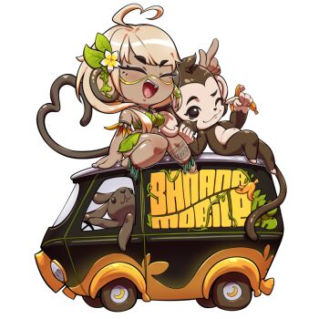 Rule 34 | 1girl, ahoge, animal ears, bananajuju, bikini, blonde hair, brown car, brown tail, car, closed eyes, heart, heart ahoge, indie virtual youtuber, leaf bikini, leg tattoo, long hair, monkey, monkey ears, monkey girl, motor vehicle, open mouth, orange car, outline, paimo, plant clothing, rabbit, simple background, sitting, solo, swimsuit, tattoo, transparent background, tribal tattoo, two-tone car, van, virtual youtuber, white outline