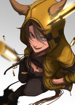 1girl absurdres animal_ears black_pants black_shirt brown_hair bullet cropped_shirt dicta_striker_(umamusume) ears_through_headwear ears_through_hood hair_between_eyes hands_in_pockets hasewo highres hood hooded_jacket hoodie horse_ears horse_girl horse_tail jacket jewelry long_sleeves looking_at_viewer midriff multicolored_hair navel necklace open_mouth pants shirt short_hair smile streaked_hair tail teeth umamusume umamusume:_cinderella_gray white_hair yellow_eyes yellow_hood yellow_hoodie yellow_jacket