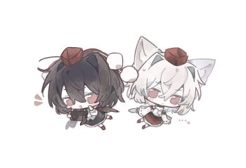 Rule 34 | ..., 2girls, animal ears, black hair, black skirt, camera, chibi, chibi only, commentary, crossed bangs, dedede mon, detached sleeves, expressionless, frilled skirt, frills, full body, hair between eyes, hat, holding, holding camera, inubashiri momiji, looking at viewer, multiple girls, pom pom (clothes), red eyes, red hat, red skirt, ribbon-trimmed sleeves, ribbon trim, shameimaru aya, shirt, short hair, simple background, skirt, tengu, tokin hat, touhou, white background, white hair, white shirt, wolf ears, wolf girl