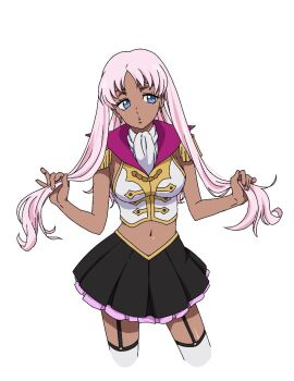 1girl blue_eyes breasts catherine_sabathra code_geass code_geass:_dakkan_no_roze dark-skinned_female dark_skin earrings hair_ornament highres jewelry large_breasts long_hair pi_(aqcjau) pink_hair simple_background skirt solo thighhighs